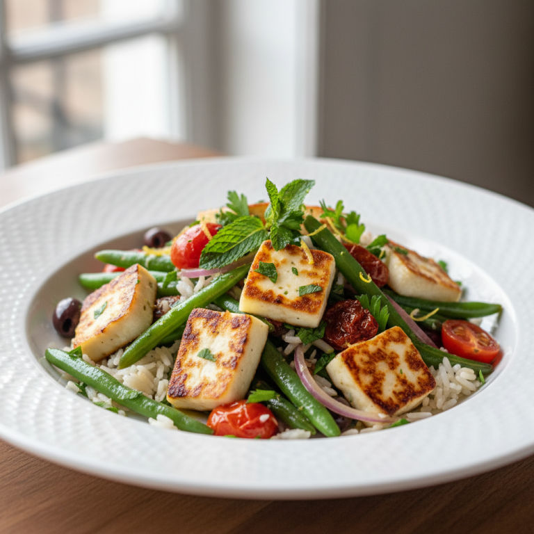 Halloumi au wok façon méditerranéenne, haricots verts & riz