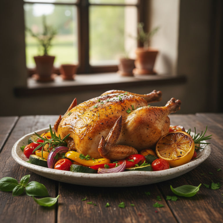 Poulet rôti aux herbes et légumes méditerranéens