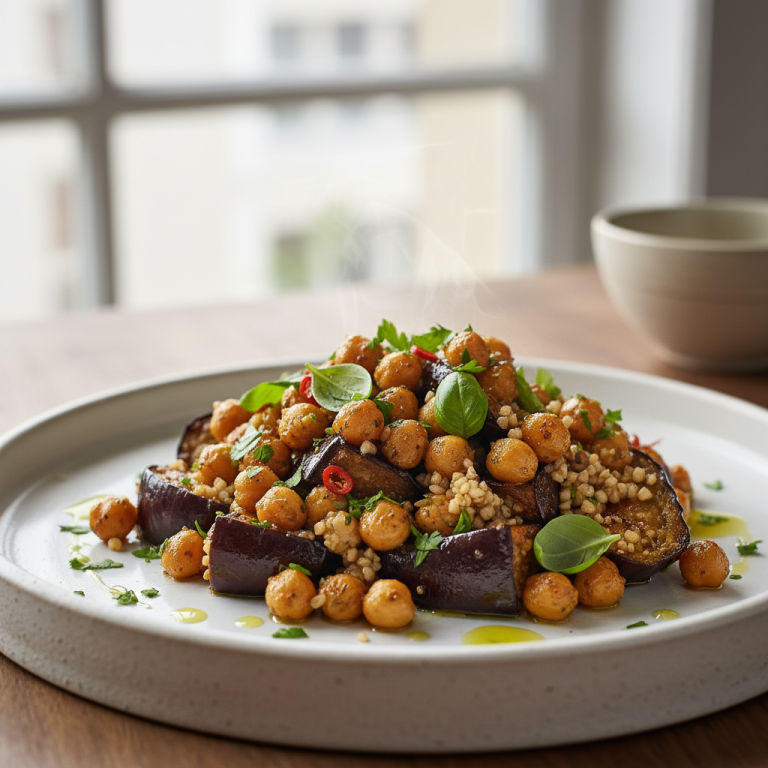 Pois chiches rôti au four façon italienne, aubergine & boulgour