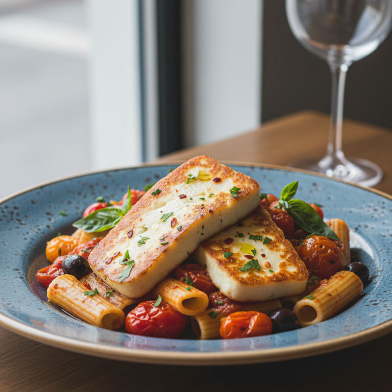 Halloumi à la poêle façon méditerranéenne, tomates & pâtes