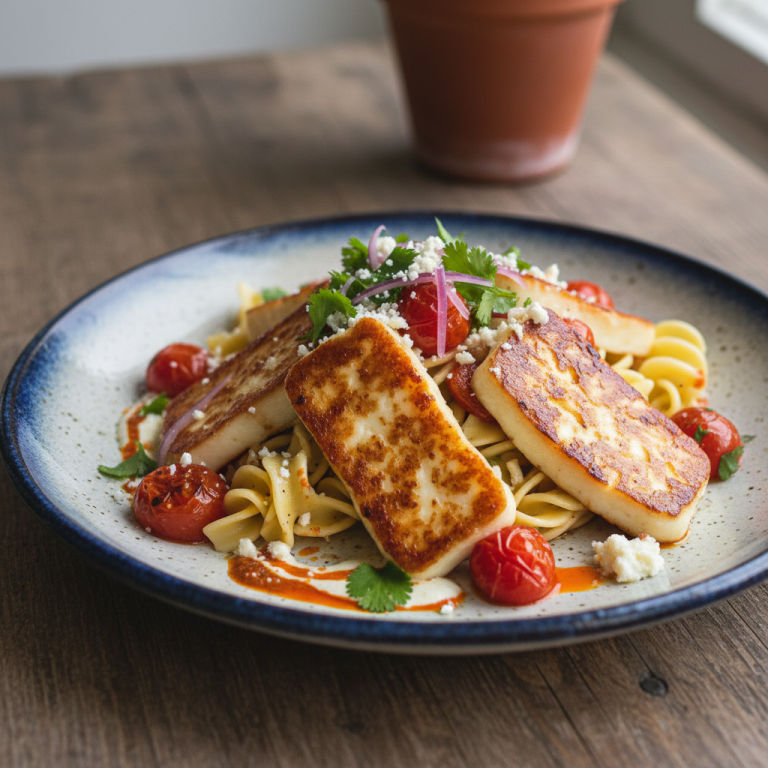 Halloumi à la poêle façon mexicaine, tomates & nouilles