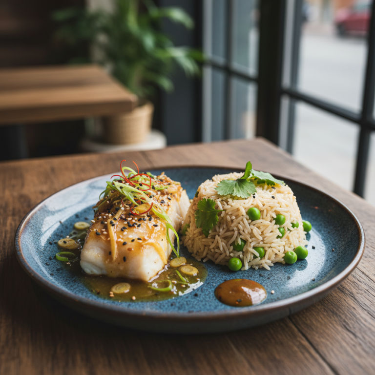 Cabillaud vapeur façon orientale, petits pois & riz