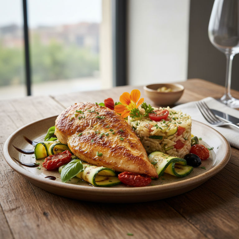 Poulet à la poêle façon italienne, courgette & riz