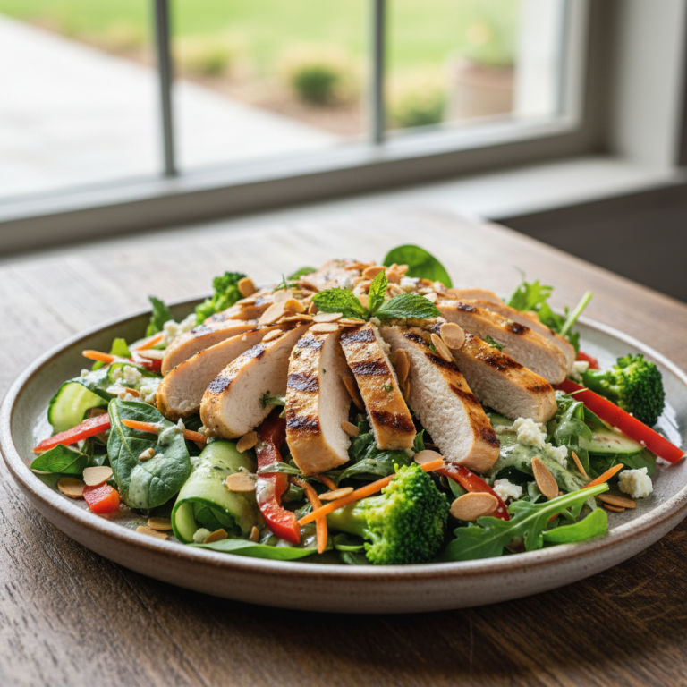 Salade de poulet grillé aux amandes et légumes croquants (Thermomix et Plancha)