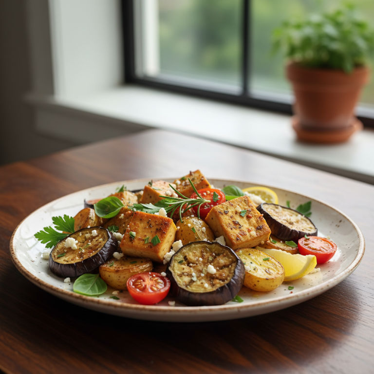 Tofu rôti au four façon méditerranéenne, aubergine & pommes de terre