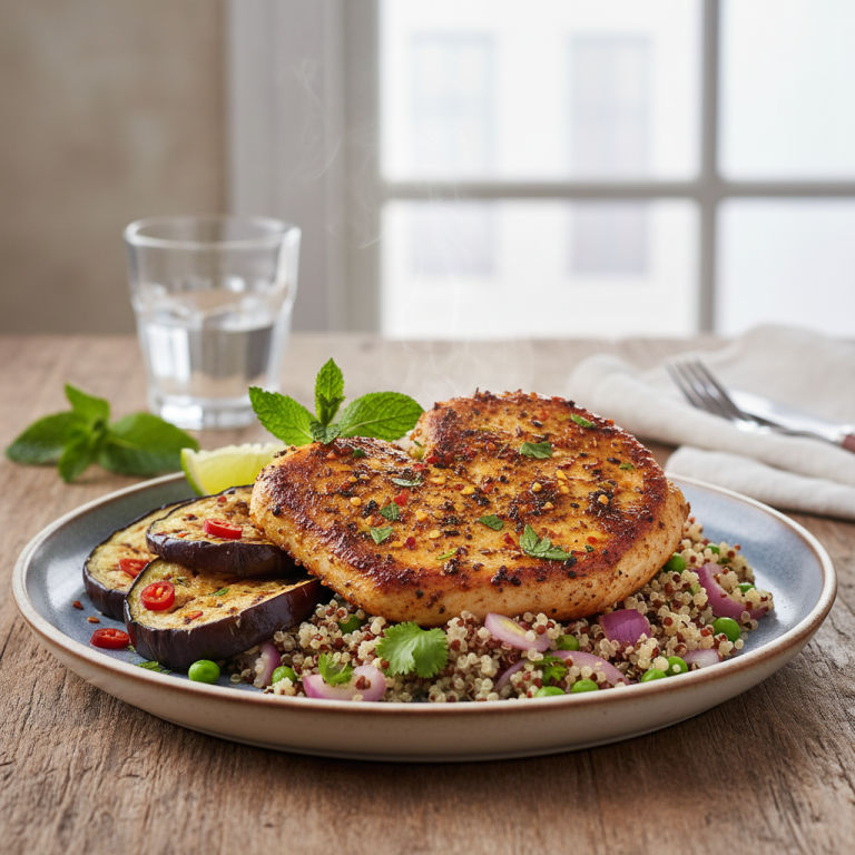 Dinde à la poêle façon indienne, aubergine & quinoa