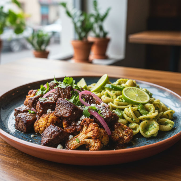 Bœuf à la poêle façon mexicaine, chou-fleur & pâtes