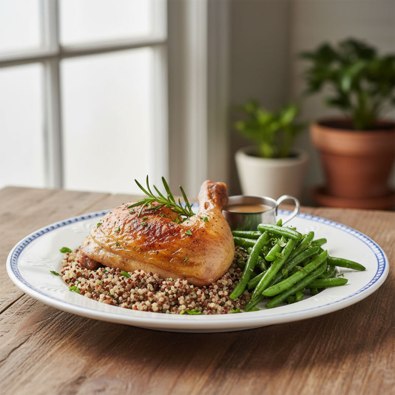 Poulet rôti, haricots verts et quinoa