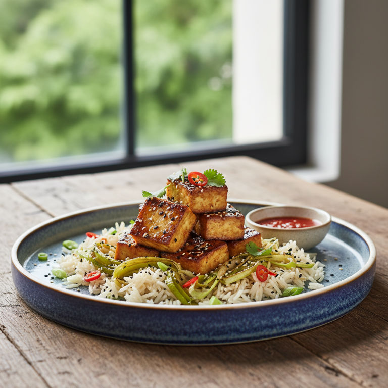 Tofu à la poêle façon orientale, poireaux & riz