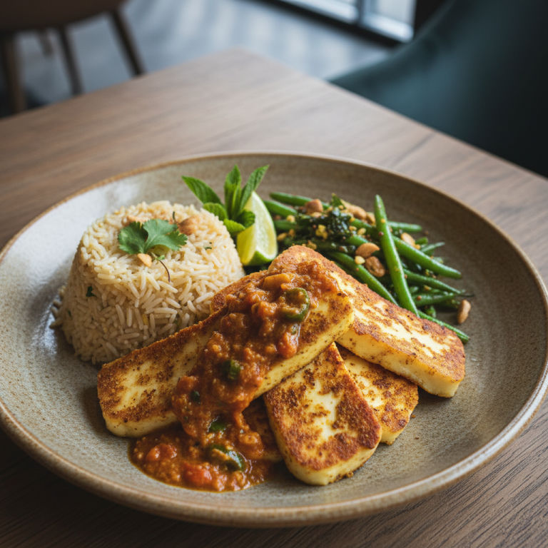Halloumi à la poêle façon indienne, haricots verts & riz