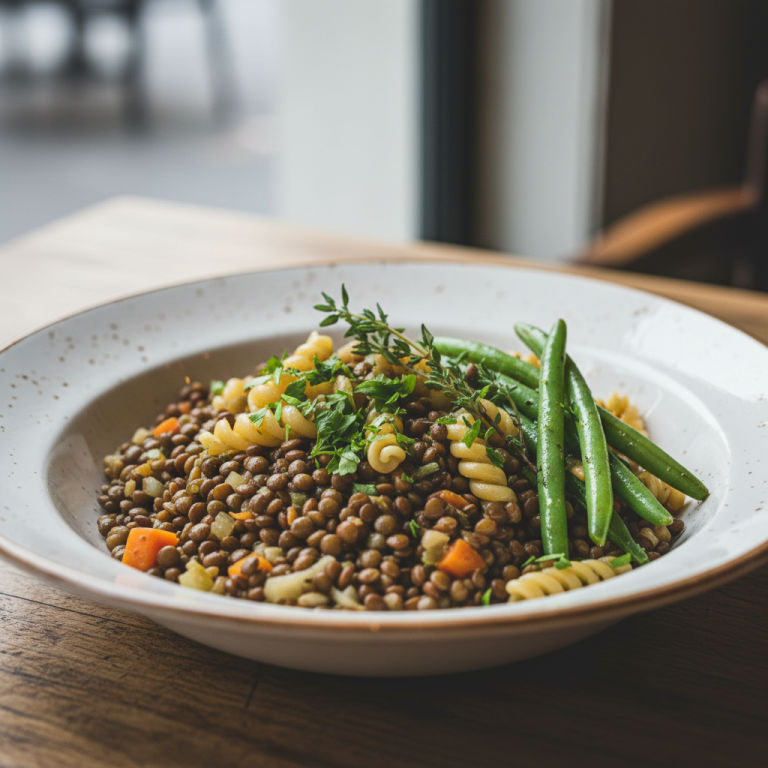 Lentilles à la poêle façon française, haricots verts & pâtes