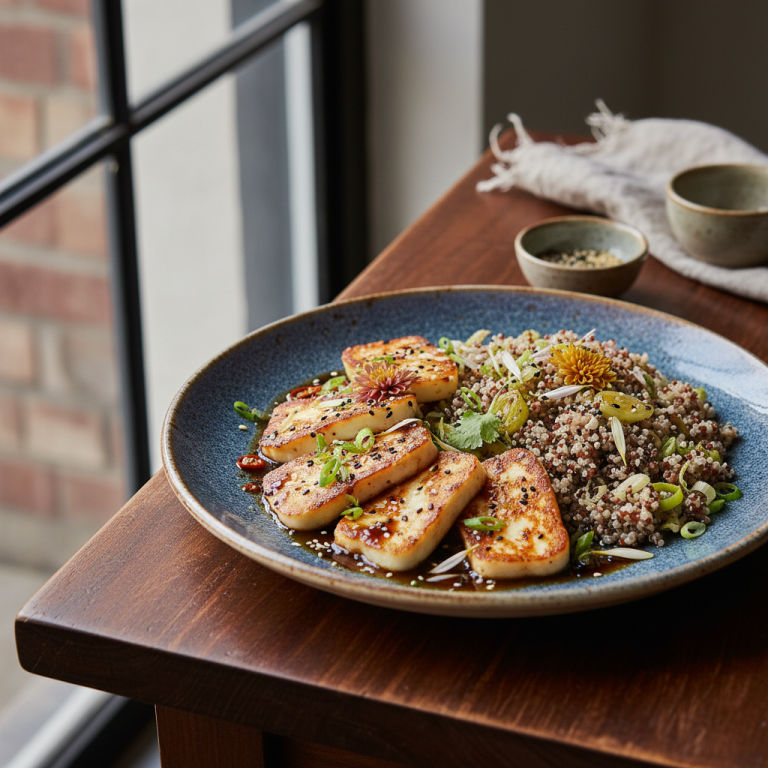 Halloumi à la poêle façon asiatique, poireaux & quinoa