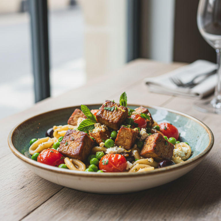 Tempeh au wok façon méditerranéenne, petits pois & pâtes