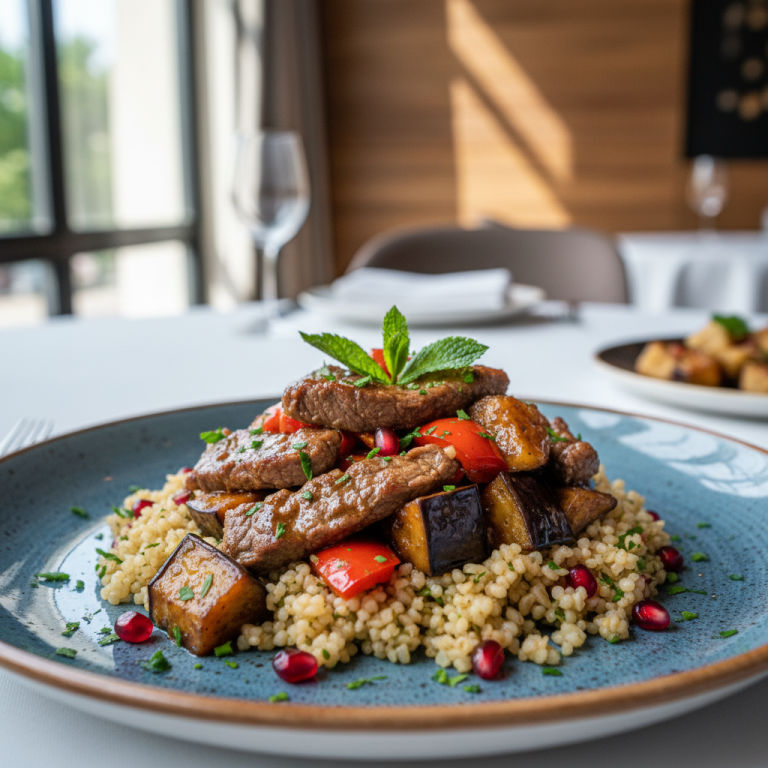 Bœuf au wok façon méditerranéenne, aubergine & boulgour