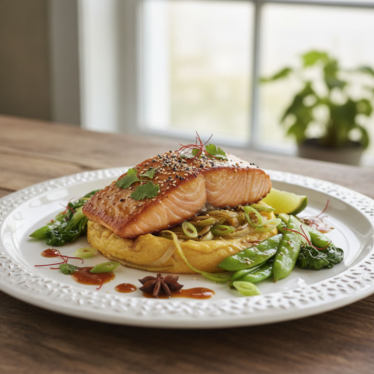 Saumon mijoté façon orientale, poireaux & polenta