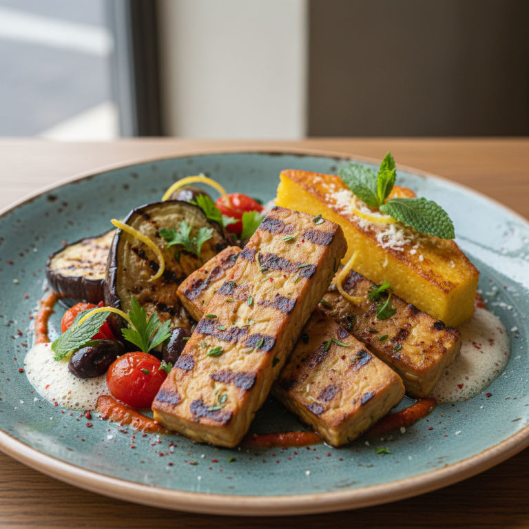 Tempeh à la plancha façon méditerranéenne, aubergine & polenta