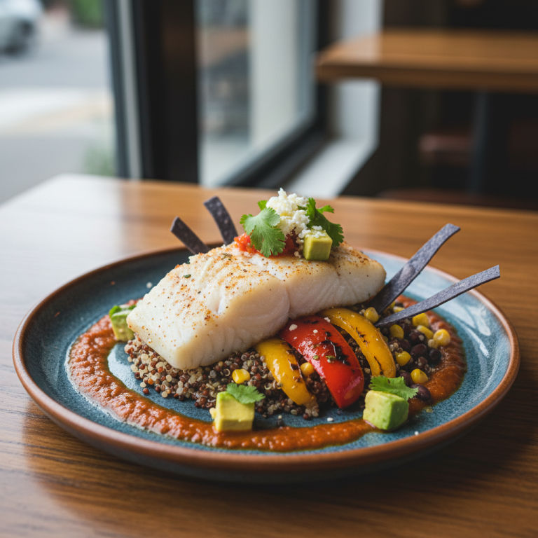 Cabillaud vapeur façon mexicaine, poivron & quinoa