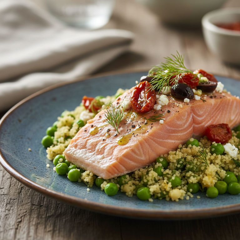 Saumon vapeur façon méditerranéenne, petits pois & semoule