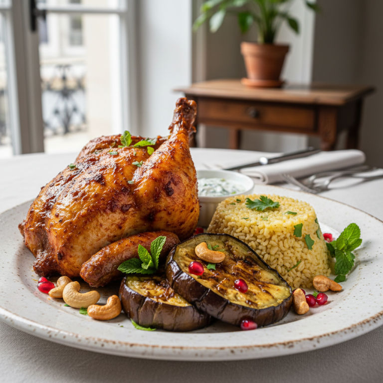 Poulet rôti au four façon indienne, aubergine & boulgour