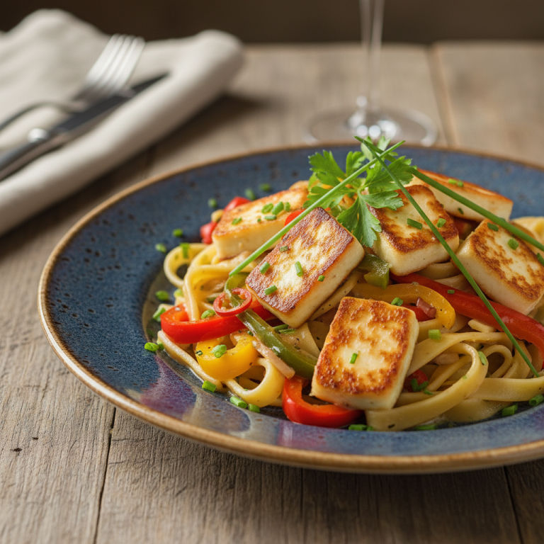 Halloumi au wok façon française, poivron & pâtes