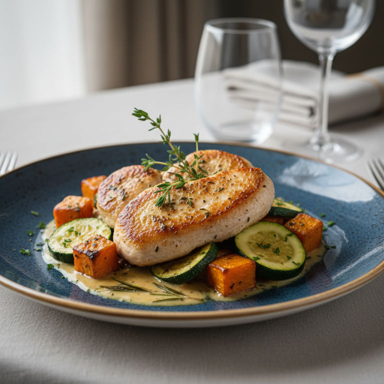 Dinde à la poêle façon française, courgette & patate douce