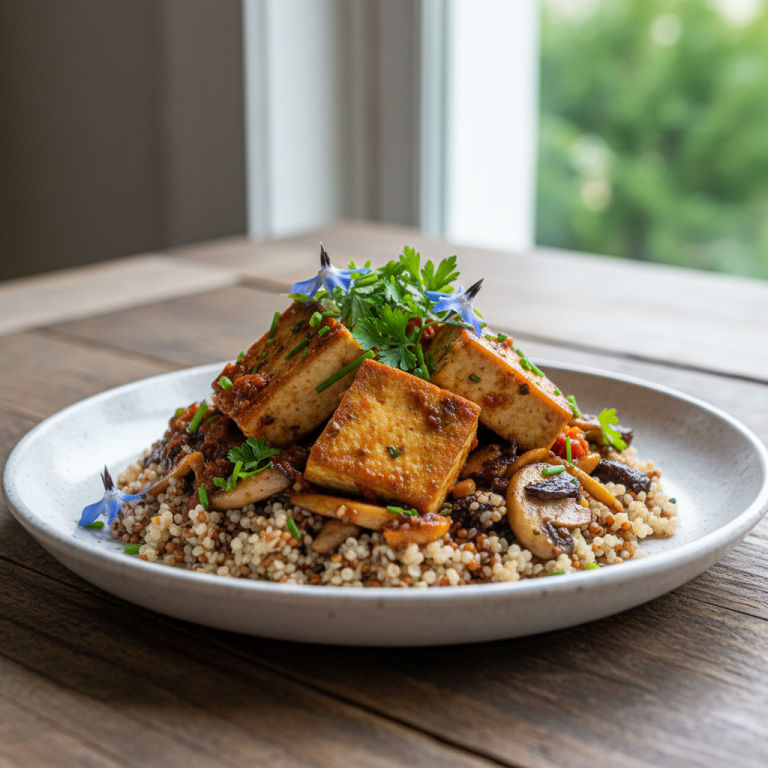 Tofu mijoté façon française, champignons & quinoa
