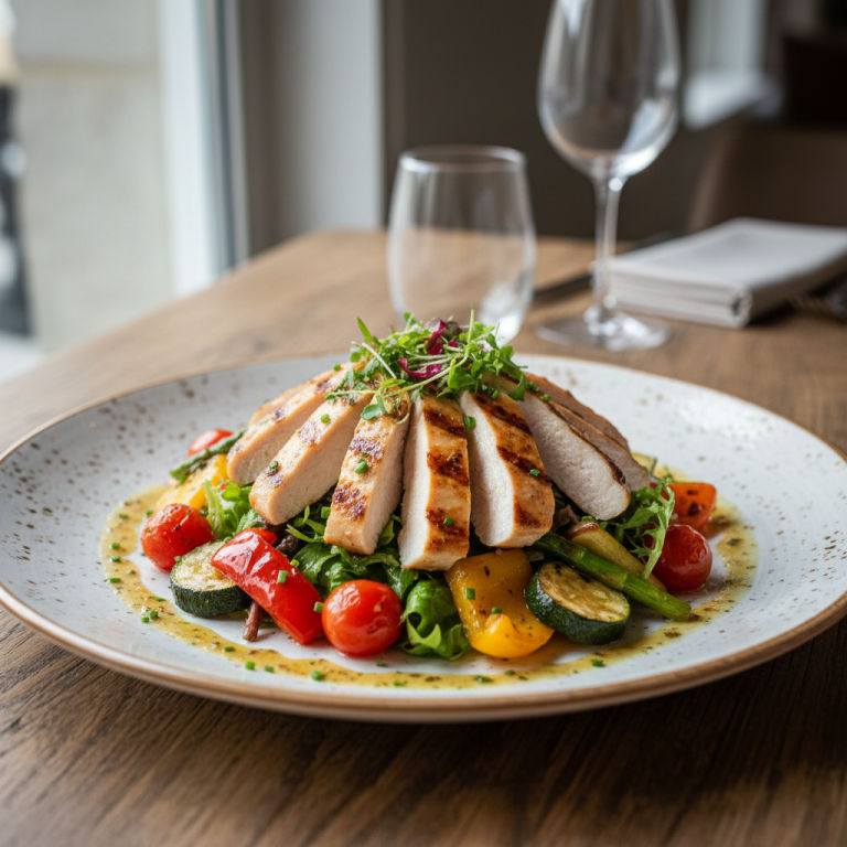 Salade de poulet grillé aux légumes rôtis et vinaigrette légère