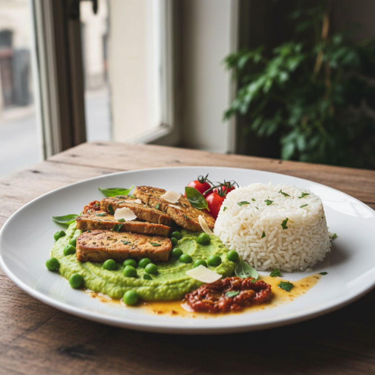 Tempeh vapeur façon italienne, petits pois & riz