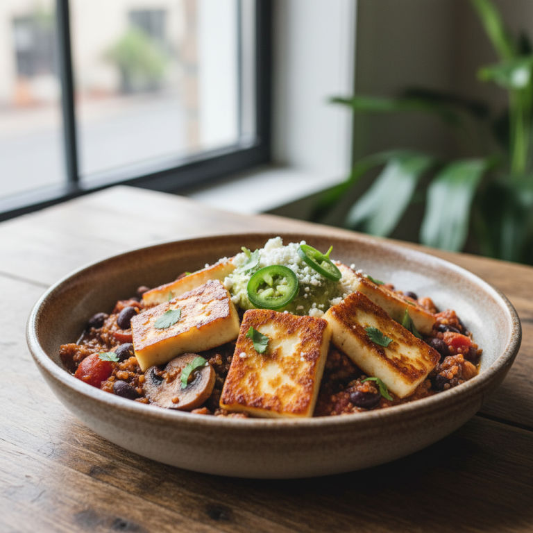 Halloumi mijoté façon mexicaine, champignons & quinoa