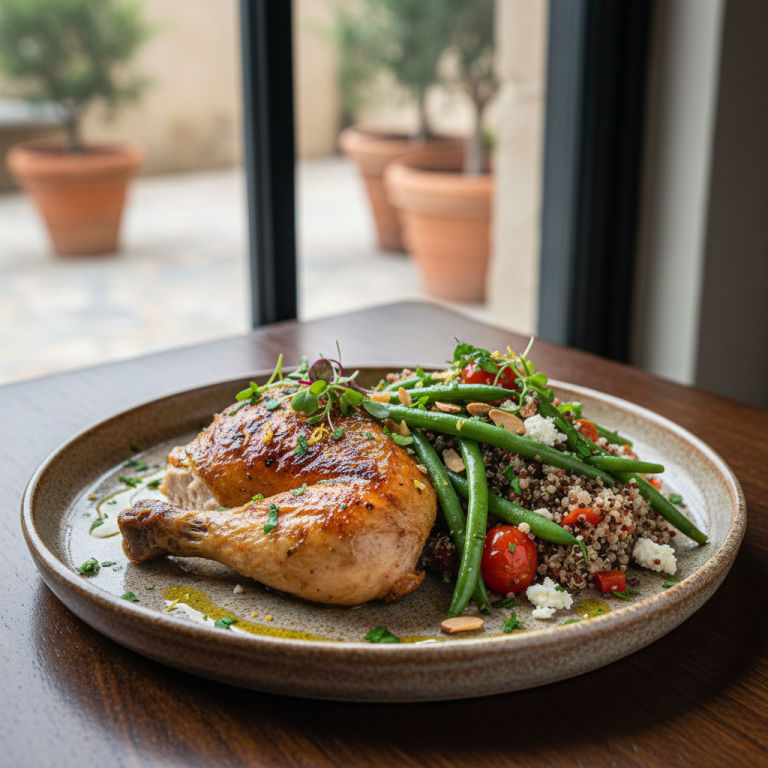 Poulet rôti, haricots verts et quinoa