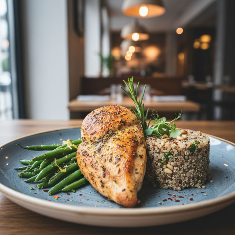 Poulet rôti, haricots verts et quinoa