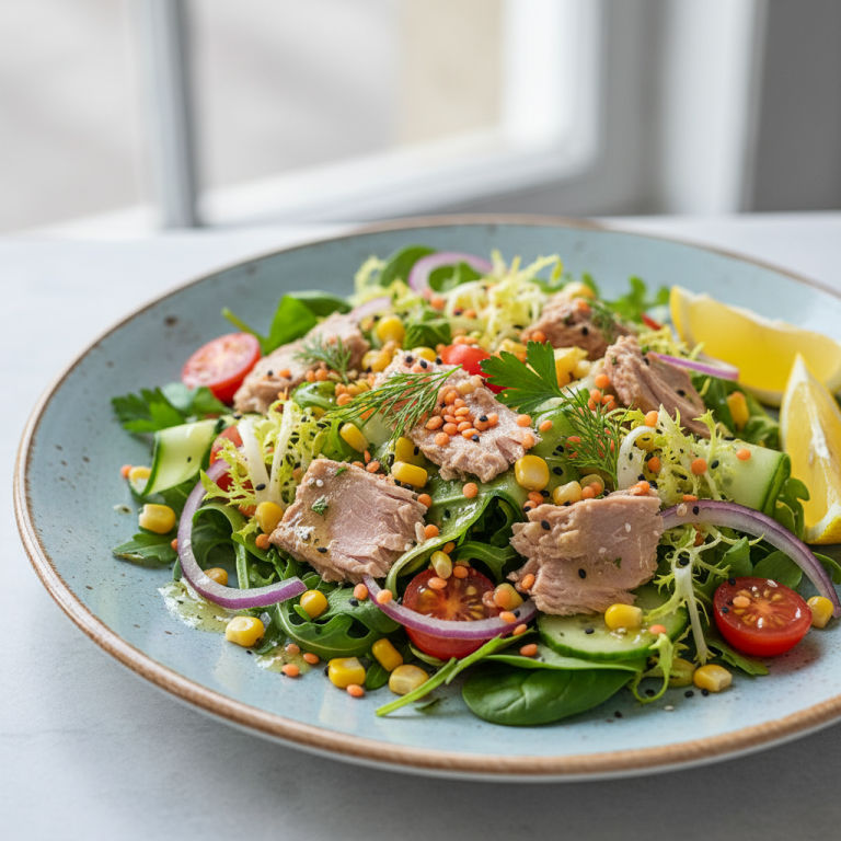 Salade fraîcheur thon, maïs et lentilles corail avec vinaigrette acidulée