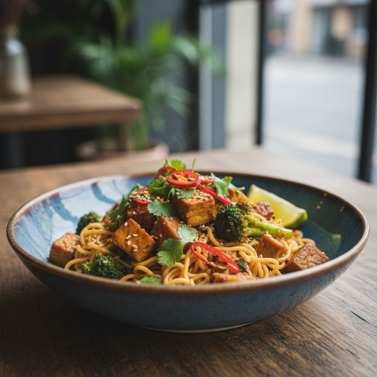 Tempeh au wok façon indienne, brocoli & nouilles