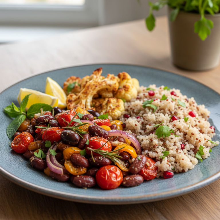 Haricots rouges rôti au four façon méditerranéenne, chou-fleur & quinoa