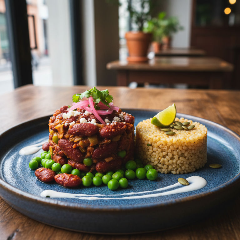 Haricots rouges vapeur façon mexicaine, petits pois & boulgour