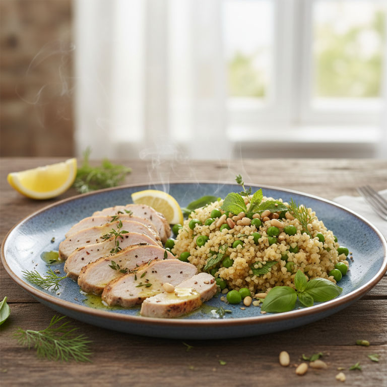 Dinde vapeur façon méditerranéenne, petits pois & boulgour