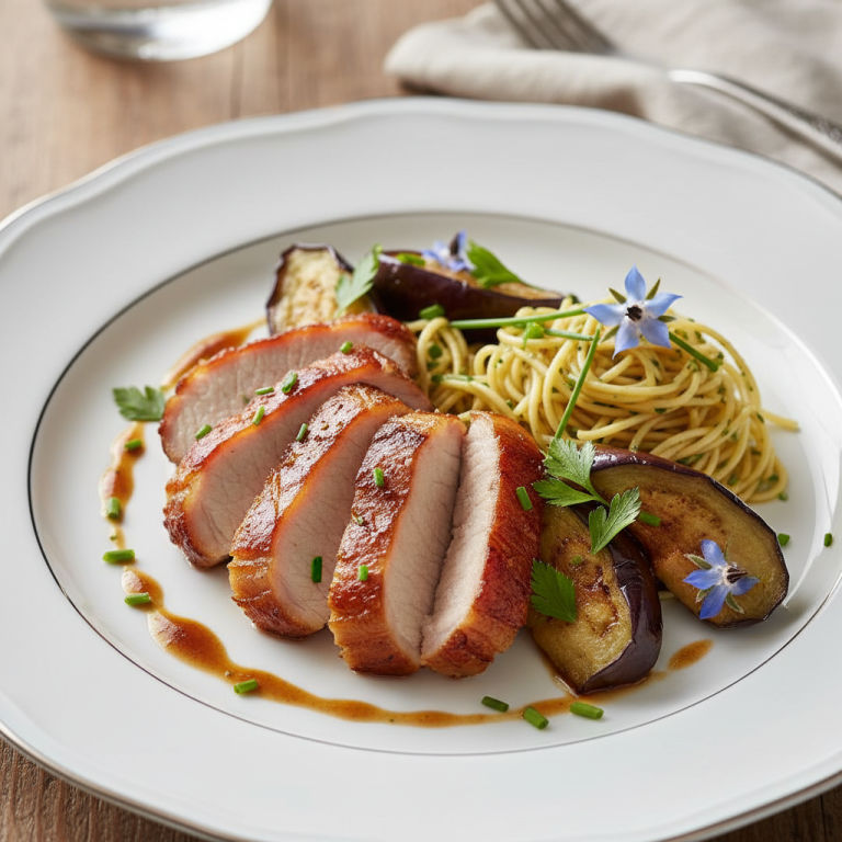 Porc rôti au four façon française, aubergine & nouilles
