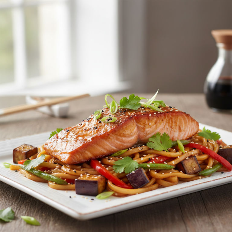 Saumon au wok façon orientale, aubergine & nouilles