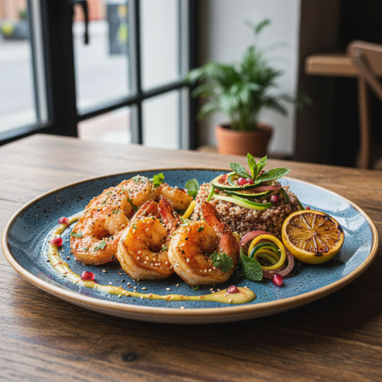 Crevettes à la poêle façon orientale, courgette & quinoa