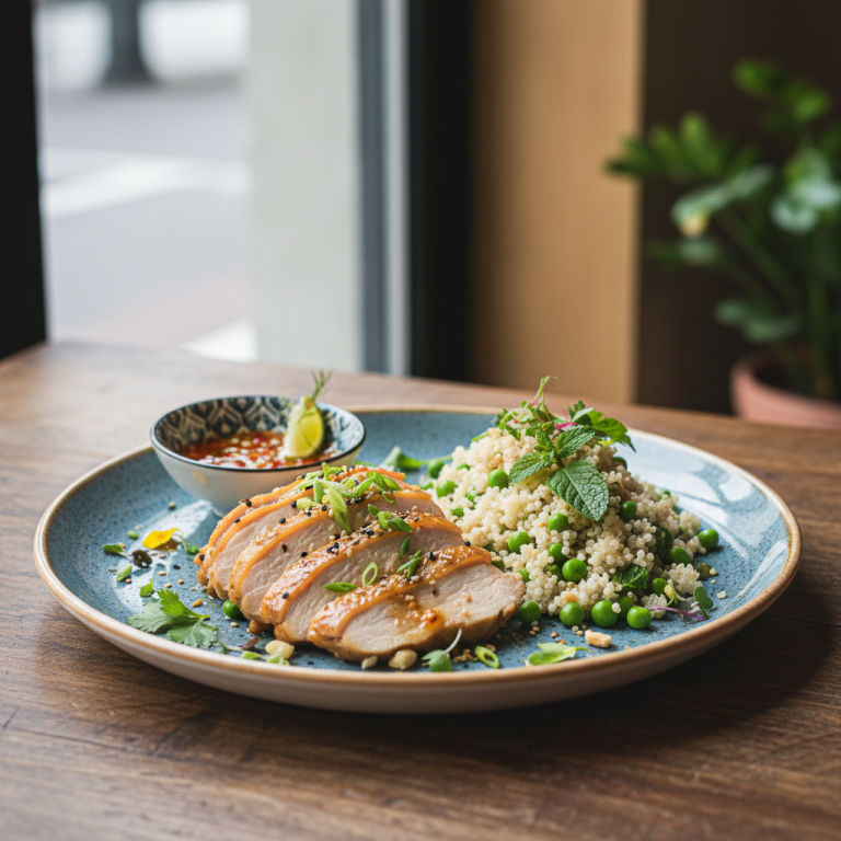 Poulet vapeur façon asiatique, petits pois & quinoa