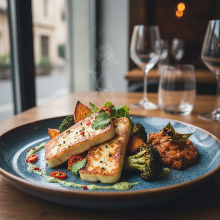Halloumi à la poêle façon indienne, brocoli & patate douce