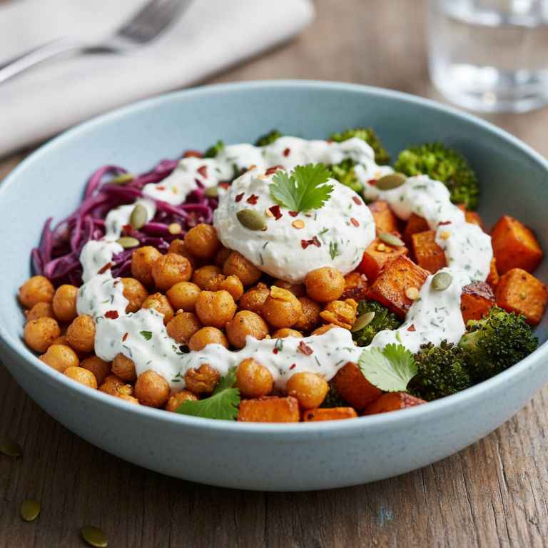 Buddha Bowl aux pois chiches rôtis, patate douce et sauce crémeuse au fromage frais