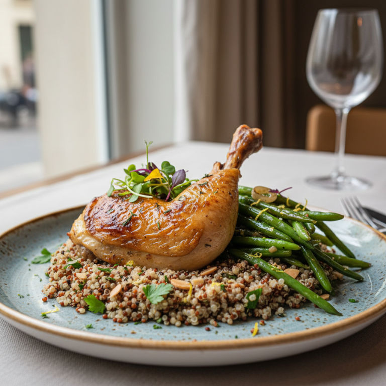 Poulet rôti, haricots verts et quinoa