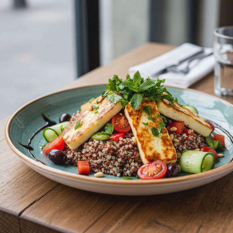 Salade fraîcheur d'inspiration méditerranéenne avec halloumi grillé et quinoa