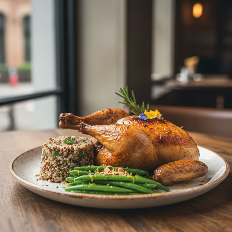 Poulet rôti, haricots verts et quinoa