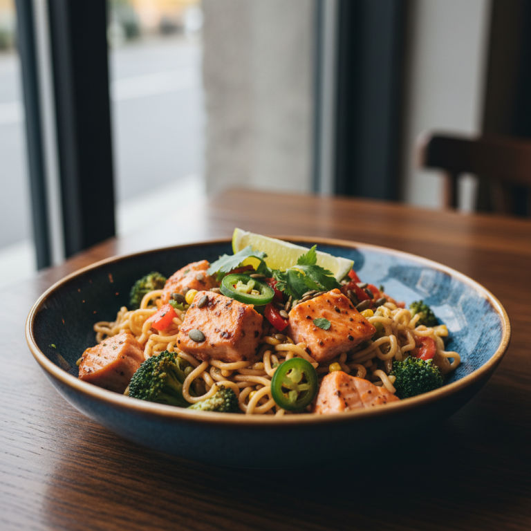 Saumon au wok façon mexicaine, brocoli & nouilles