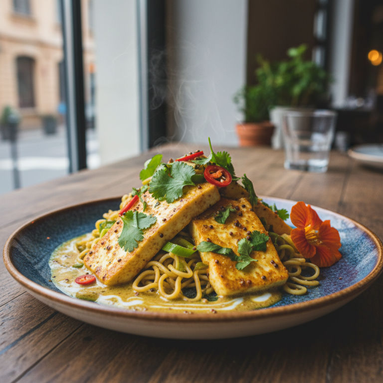 Halloumi vapeur façon indienne, poireaux & nouilles