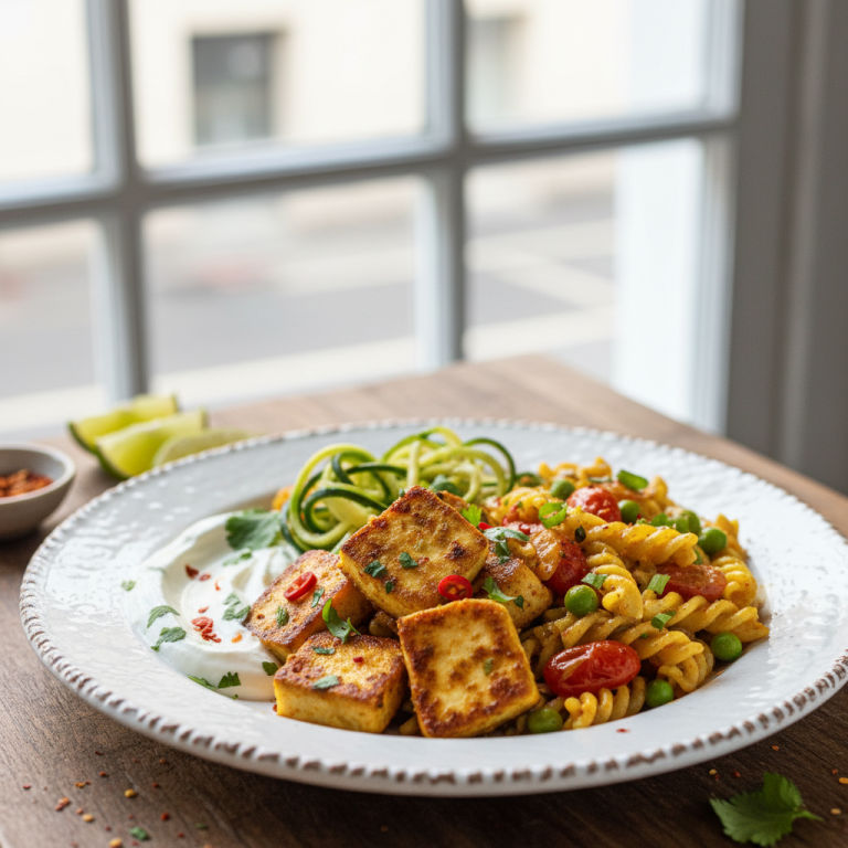 Halloumi à la poêle façon indienne, courgette & pâtes