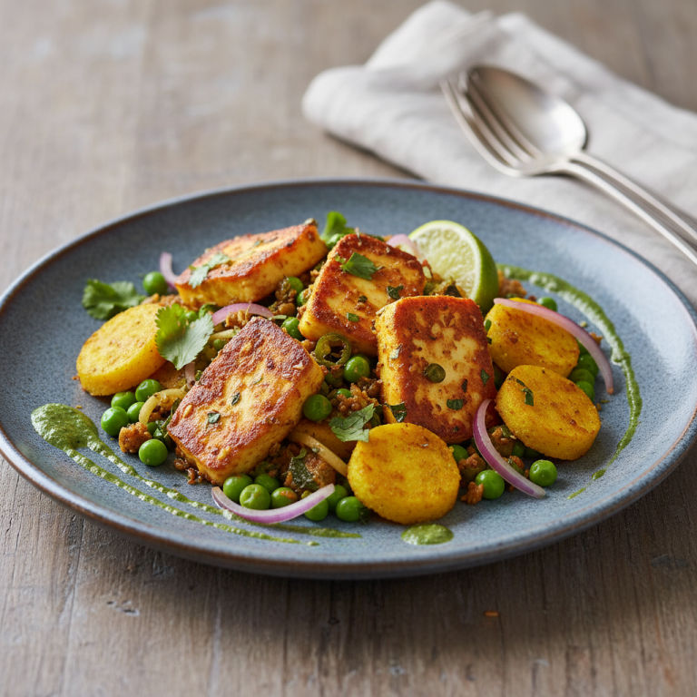 Halloumi au wok façon indienne, petits pois & polenta