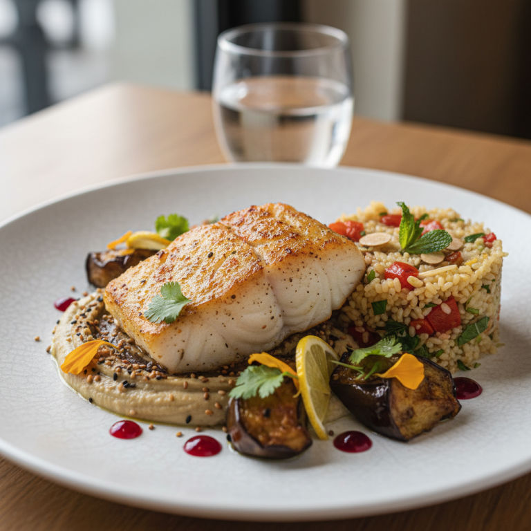 Cabillaud rôti au four façon orientale, aubergine & boulgour